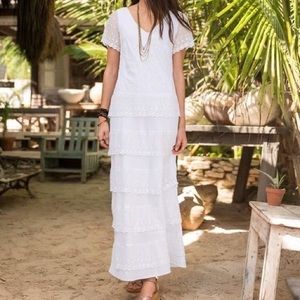 Sundance Fluttering Heart Dress White Boho Tiered Lace Embroidered Linen Maxi 4